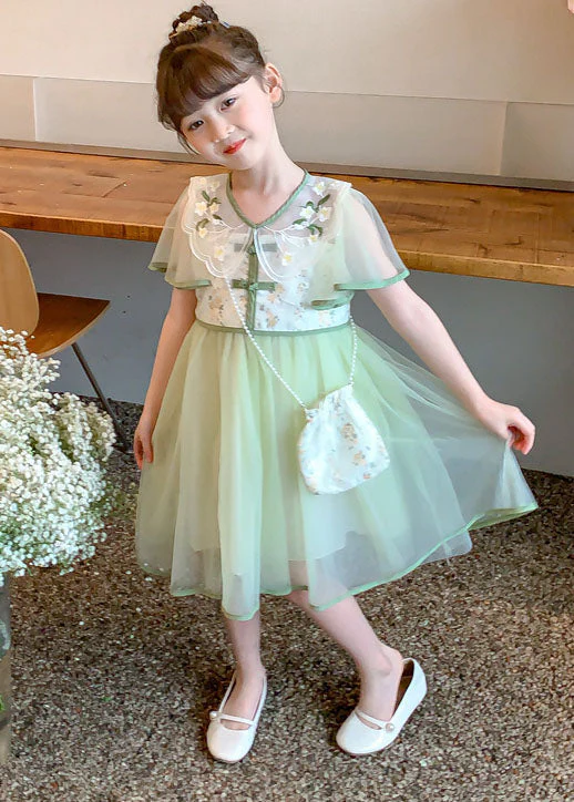 Stylish Light Green Embroideried Wrinkled Patchwork Tulle Kids Girls Dress Summer - Image 2