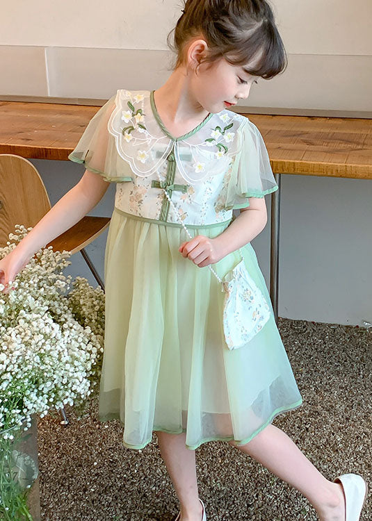 Stylish Light Green Embroideried Wrinkled Patchwork Tulle Kids Girls Dress Summer - Image 3
