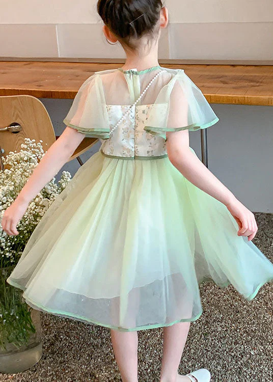 Stylish Light Green Embroideried Wrinkled Patchwork Tulle Kids Girls Dress Summer - Image 5