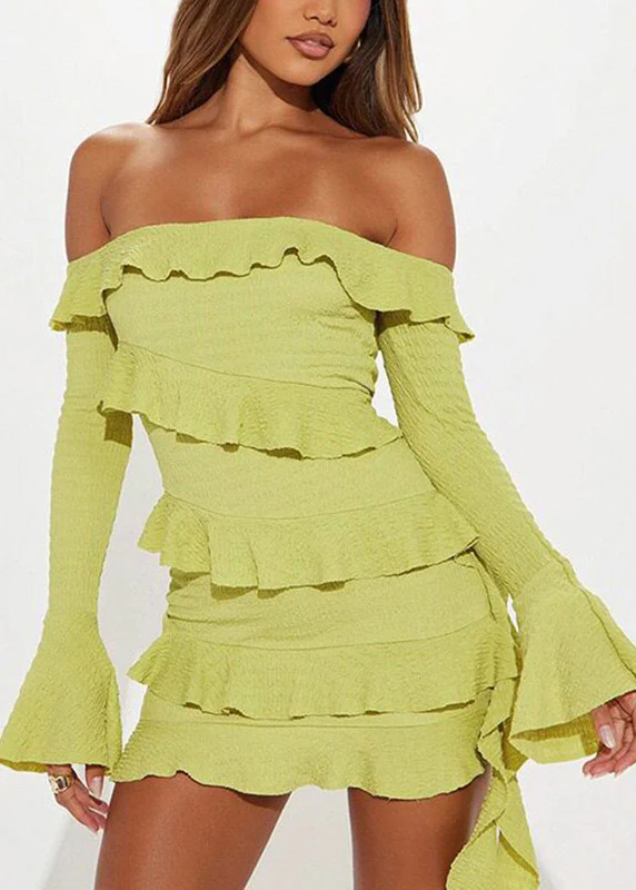 Stylish Light Green Slash Neck Ruffled Ribbon Vacation Mid Dresses Summer - Image 2
