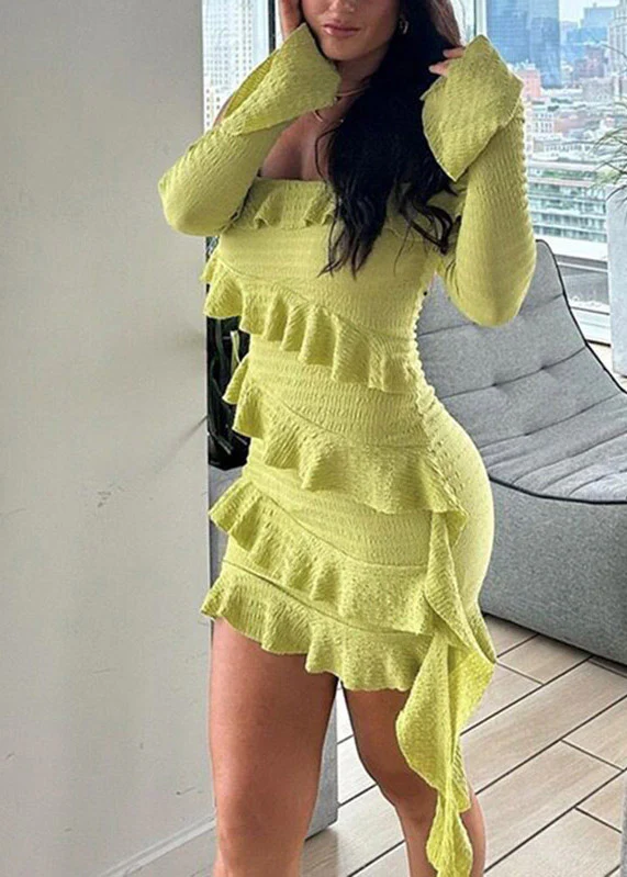 Stylish Light Green Slash Neck Ruffled Ribbon Vacation Mid Dresses Summer - Image 3