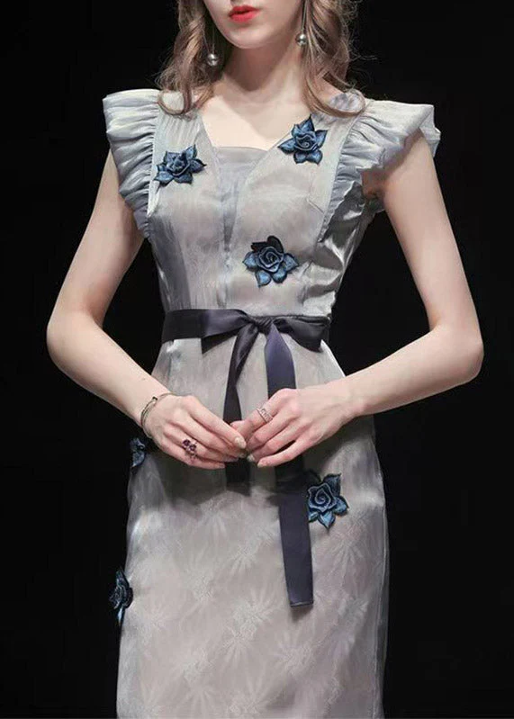 Stylish Light Grey Square Collar Ruffled Floral Long Dresses Summer - Image 4