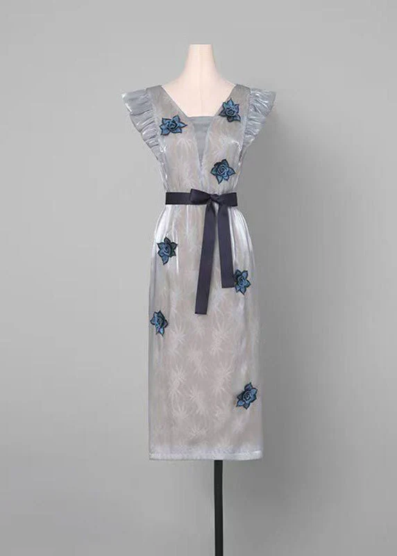 Stylish Light Grey Square Collar Ruffled Floral Long Dresses Summer - Image 5