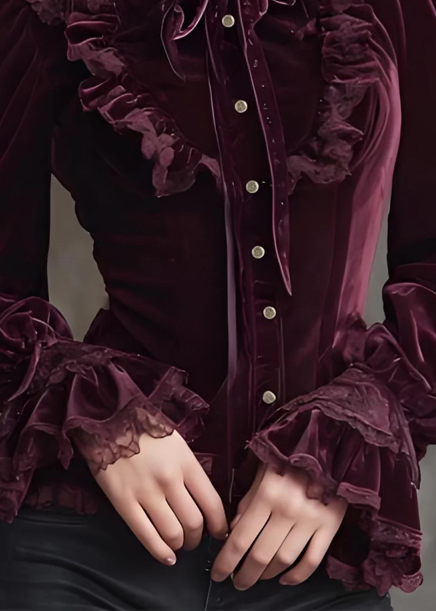 Stylish Mulberry Hign Neck Lace Patchwork Velour Tops Spring - Image 4