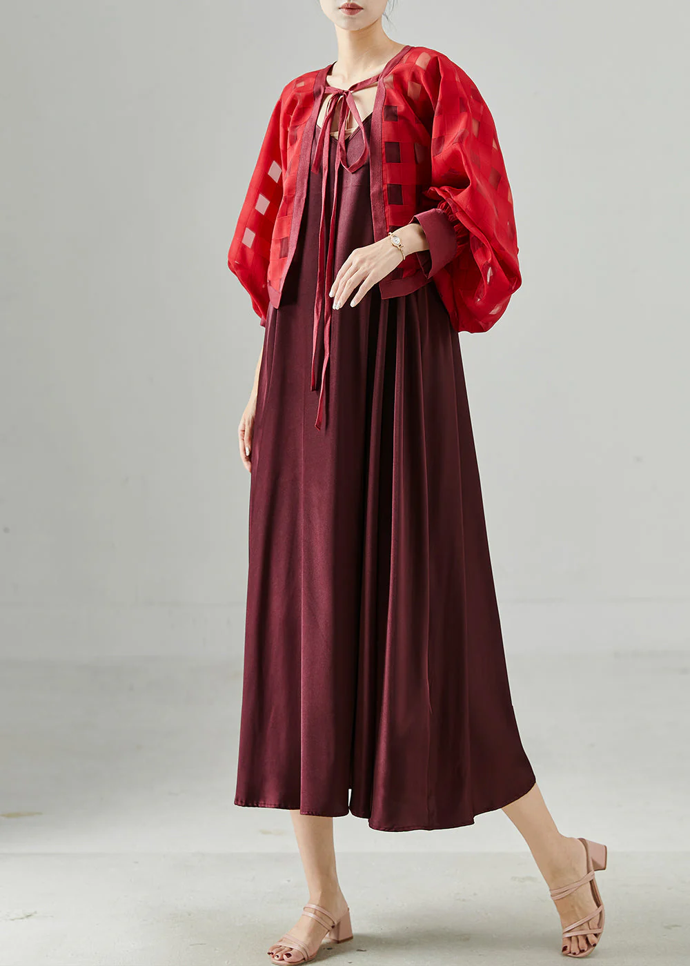 Stylish Mulberry Lace Up Chiffon Dress Two Piece Set Summer - Image 2
