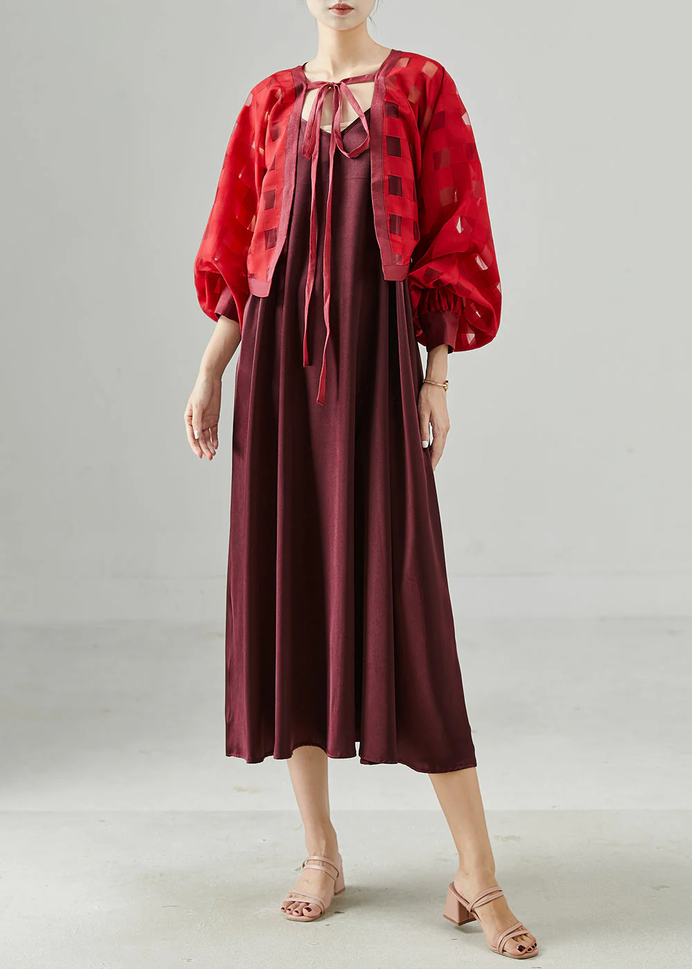 Stylish Mulberry Lace Up Chiffon Dress Two Piece Set Summer - Image 3