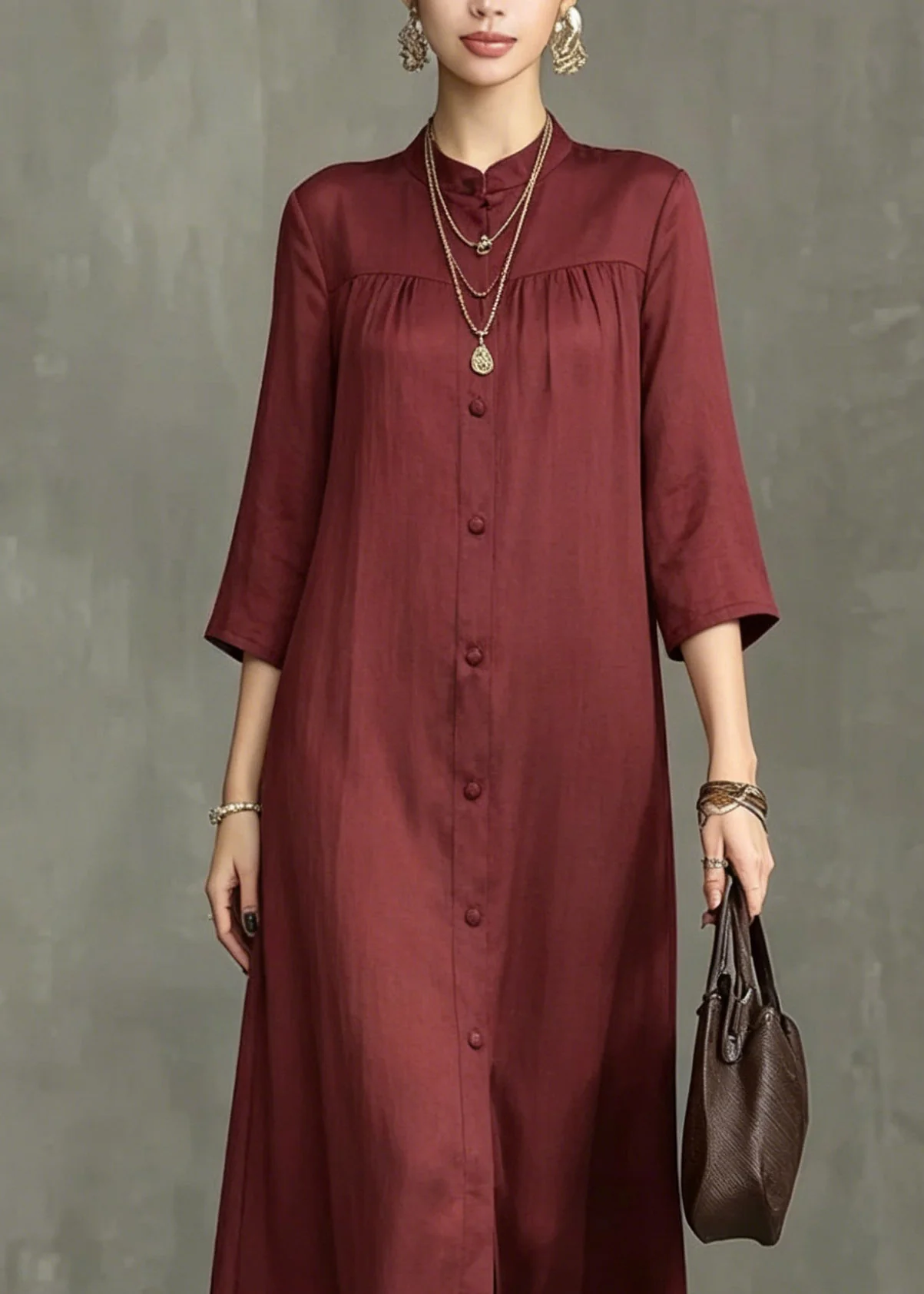 Stylish Mulberry Stand Collar Wrinkled Maxi Shirts Dress Summer - Image 2