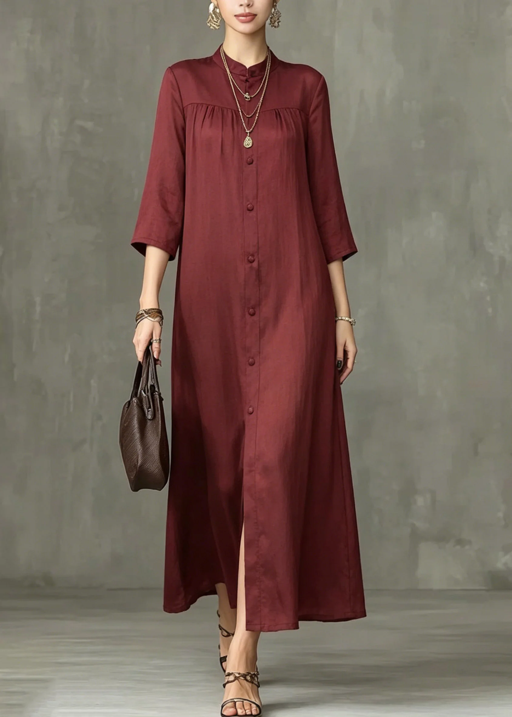 Stylish Mulberry Stand Collar Wrinkled Maxi Shirts Dress Summer - Image 3