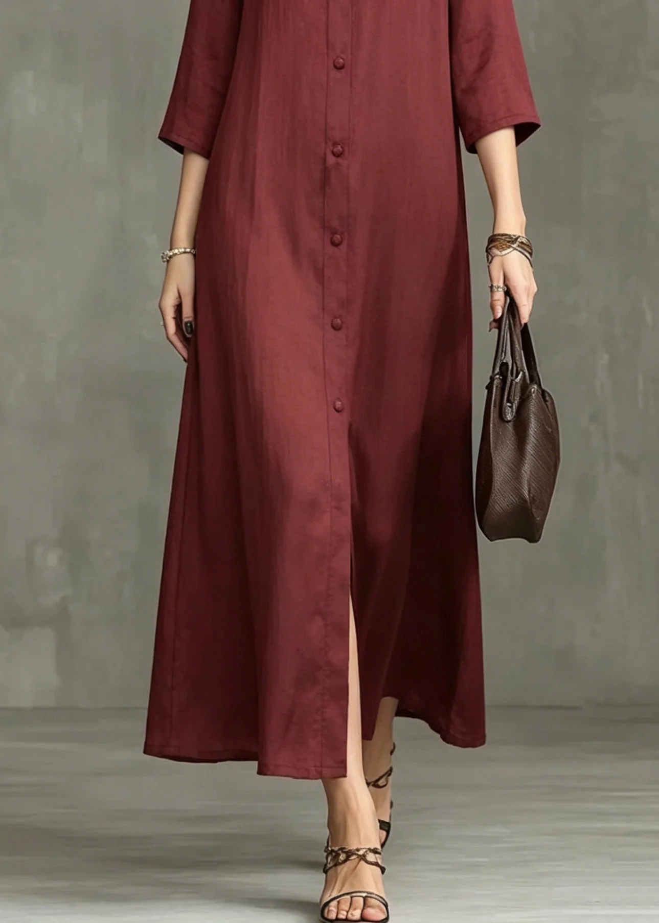 Stylish Mulberry Stand Collar Wrinkled Maxi Shirts Dress Summer - Image 4