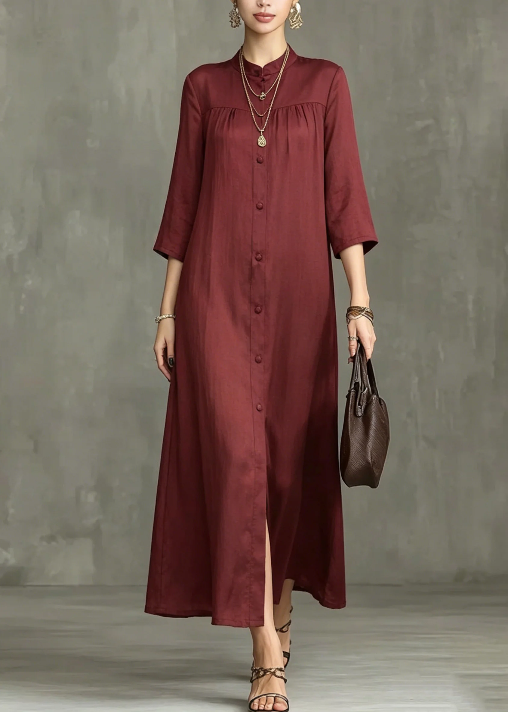 Stylish Mulberry Stand Collar Wrinkled Maxi Shirts Dress Summer - Image 5