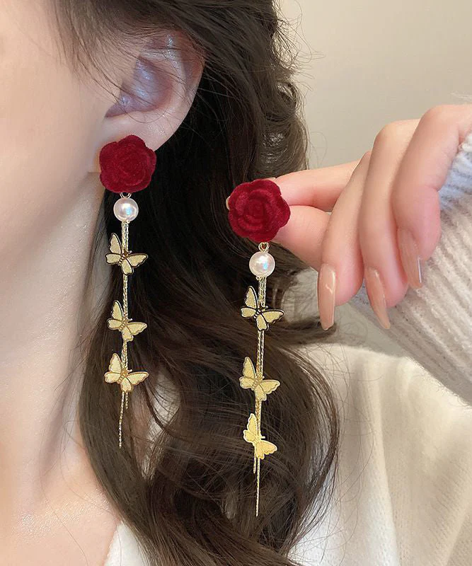 Stylish Mulberry Sterling Silver Alloy Flocking Pearl Floral Butterfly Drop Earrings