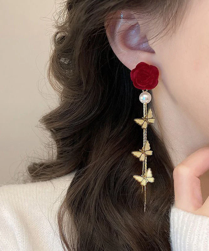 Stylish Mulberry Sterling Silver Alloy Flocking Pearl Floral Butterfly Drop Earrings - Image 3