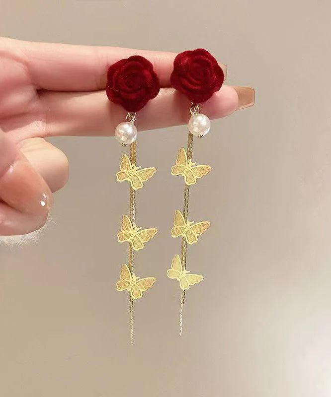 Stylish Mulberry Sterling Silver Alloy Flocking Pearl Floral Butterfly Drop Earrings - Image 4