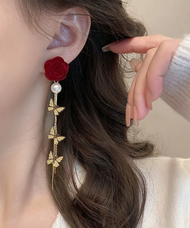 Stylish Mulberry Sterling Silver Alloy Flocking Pearl Floral Butterfly Drop Earrings - Image 5