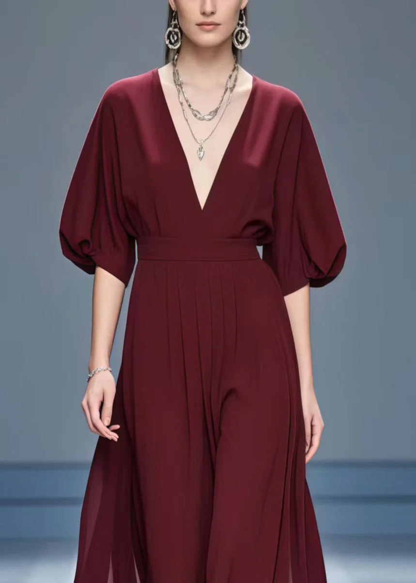 Stylish Mulberry V Neck Chiffon Maxi Dresses Summer - Image 2