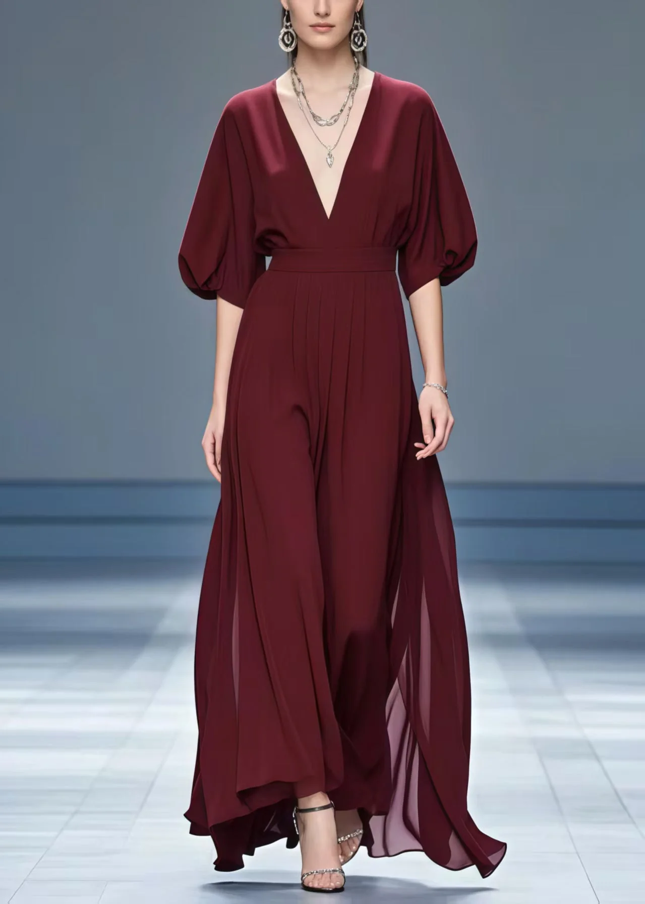 Stylish Mulberry V Neck Chiffon Maxi Dresses Summer - Image 3