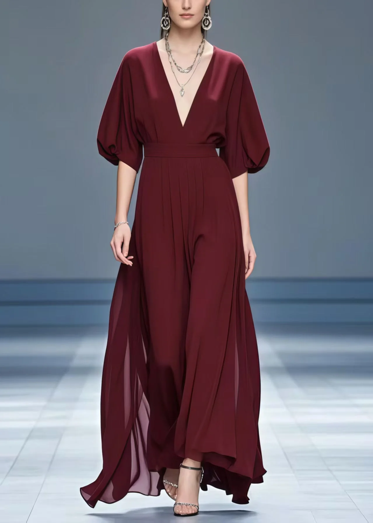 Stylish Mulberry V Neck Chiffon Maxi Dresses Summer - Image 5