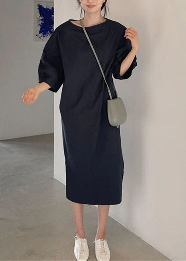 Stylish Navy O Neck Patchwork Linen Maxi Dress Summer - Image 2
