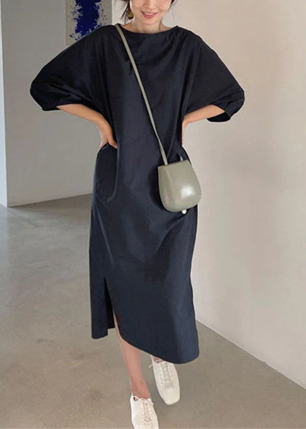 Stylish Navy O Neck Patchwork Linen Maxi Dress Summer - Image 3