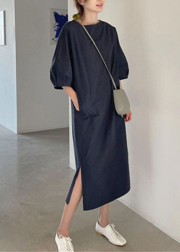 Stylish Navy O Neck Patchwork Linen Maxi Dress Summer - Image 4