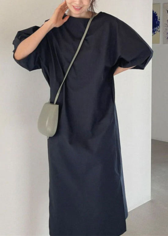 Stylish Navy O Neck Patchwork Linen Maxi Dress Summer - Image 5