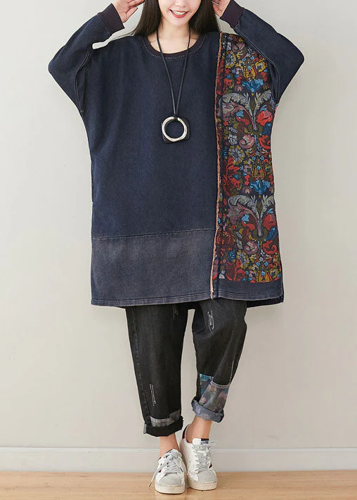 Stylish Navy O Neck Patchwork Print Denim Mid Dress Spring - Image 3