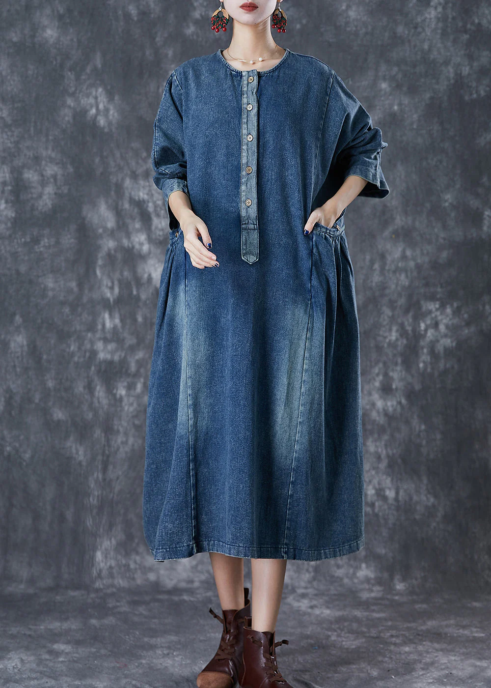 Stylish Navy Oversized Pockets Denim Robe Dresses Fall - Image 2
