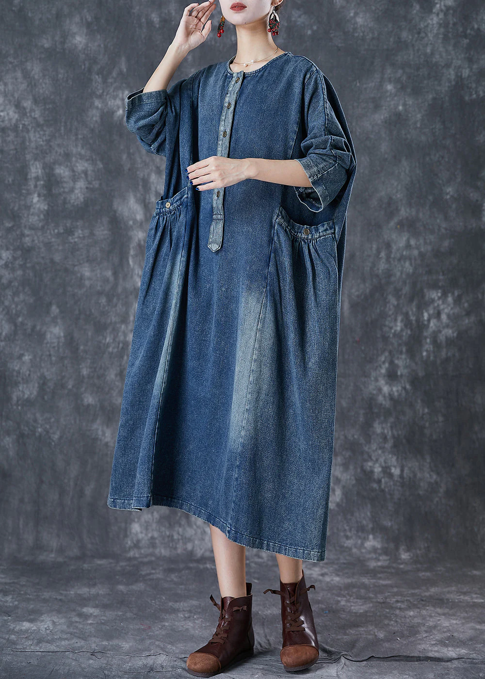 Stylish Navy Oversized Pockets Denim Robe Dresses Fall - Image 3