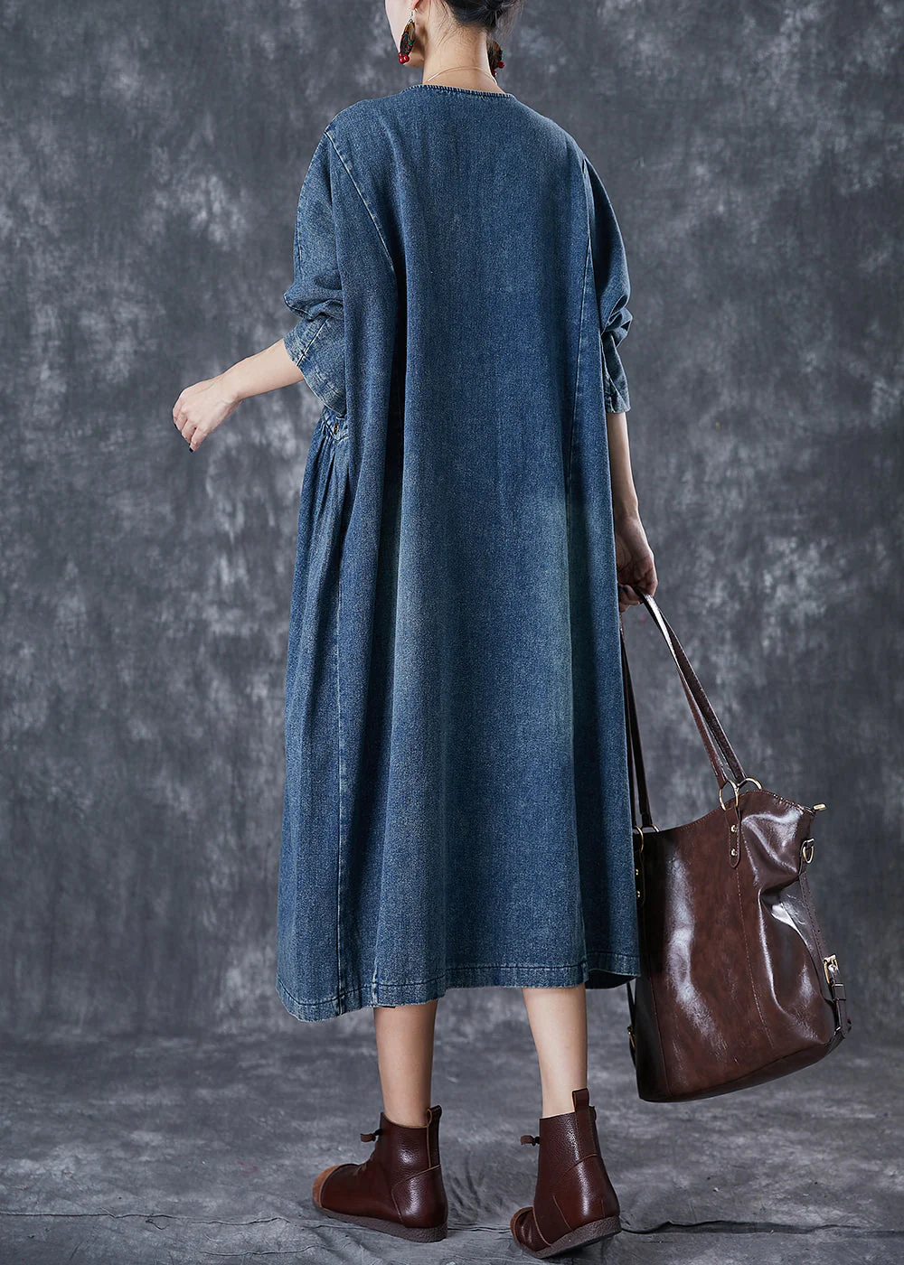 Stylish Navy Oversized Pockets Denim Robe Dresses Fall - Image 4