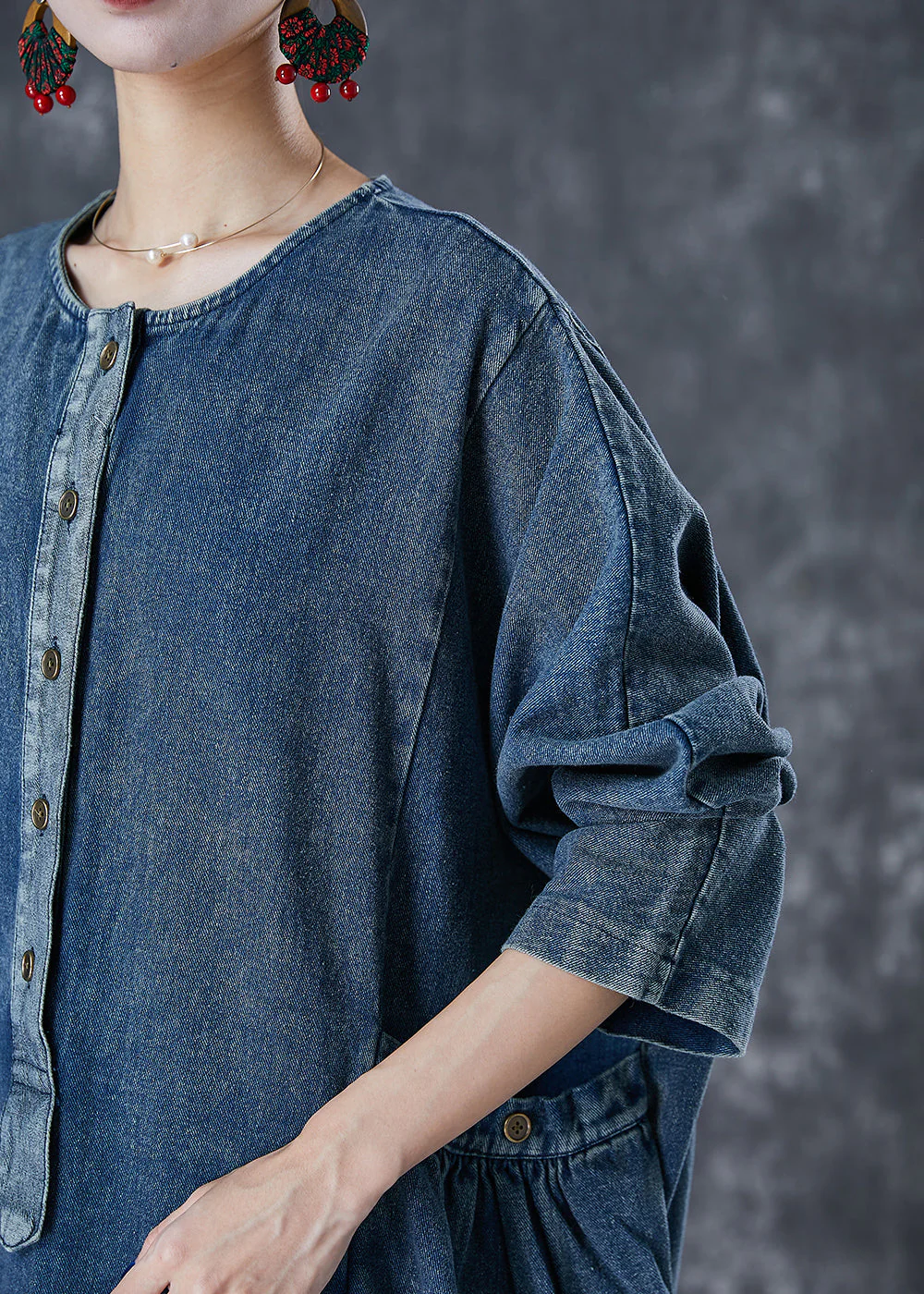 Stylish Navy Oversized Pockets Denim Robe Dresses Fall - Image 5