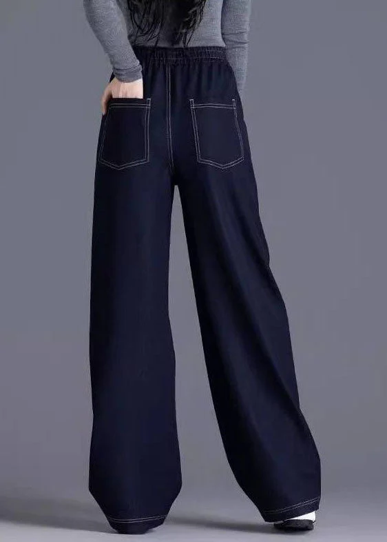 Stylish Navy Pockets Patchwork Elastic Waist Denim Pants Spring - Image 4