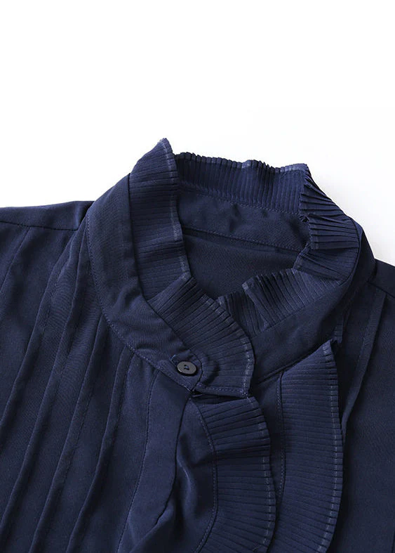 Stylish Navy Ruffled Wrinkled Chiffon Top Spring - Image 3