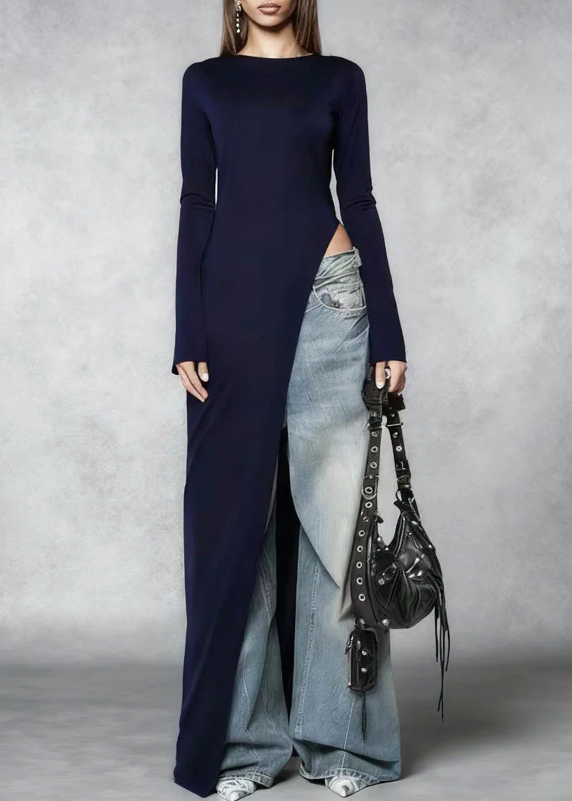 Stylish Navy Side Open Silm Fit Cotton Long Dress Spring - Image 3