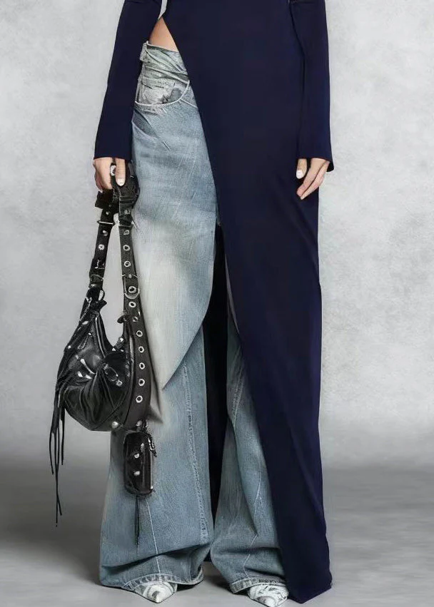 Stylish Navy Side Open Silm Fit Cotton Long Dress Spring - Image 4
