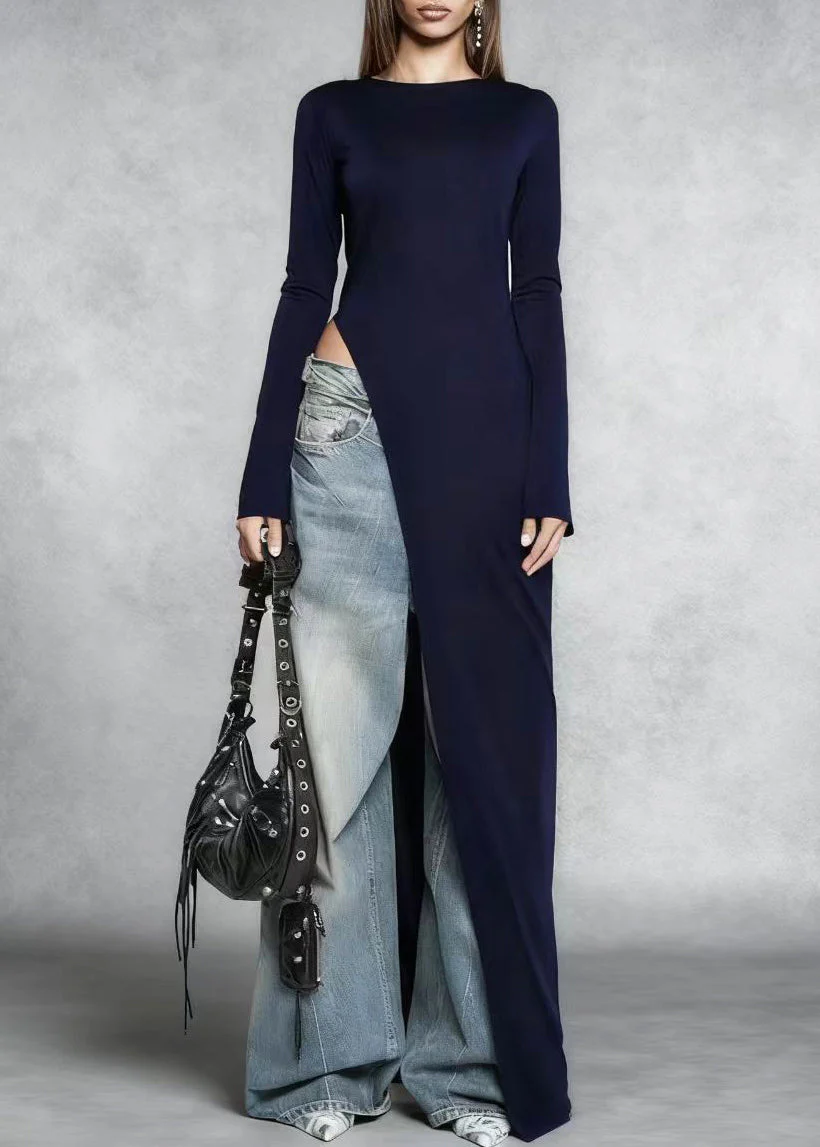 Stylish Navy Side Open Silm Fit Cotton Long Dress Spring - Image 5