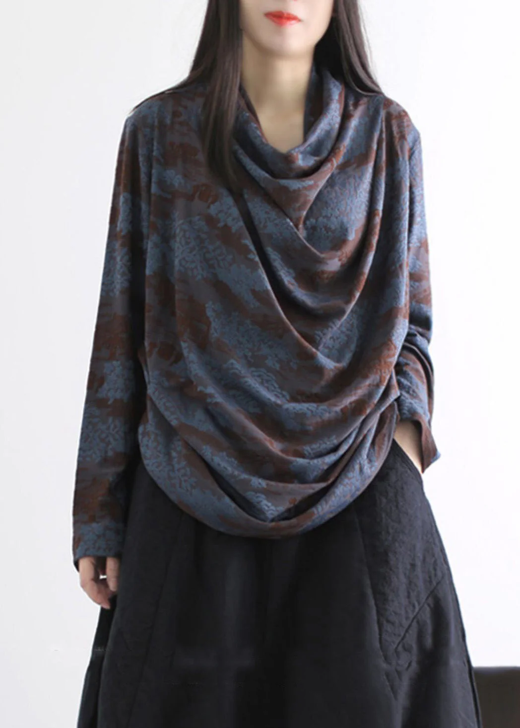 Stylish Navy Turtle Neck Jacquard Cotton Shirts Spring - Image 2