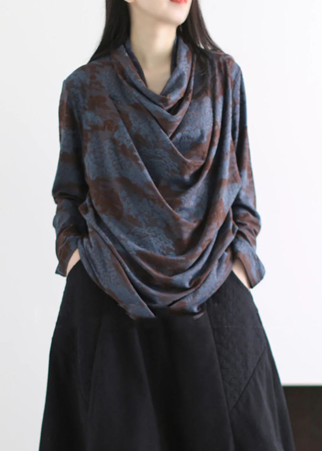 Stylish Navy Turtle Neck Jacquard Cotton Shirts Spring - Image 4