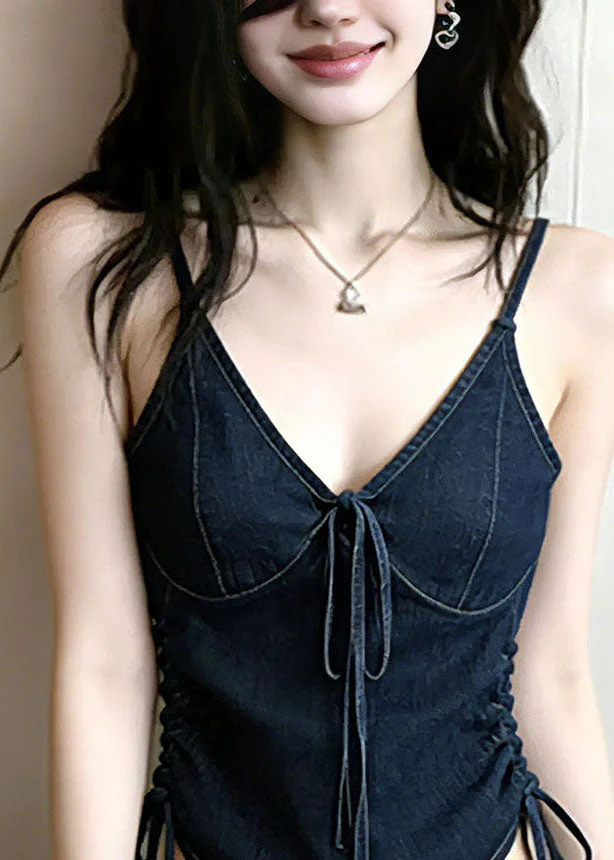 Stylish Navy V Neck Drawstring Denim Top Summer - Image 2