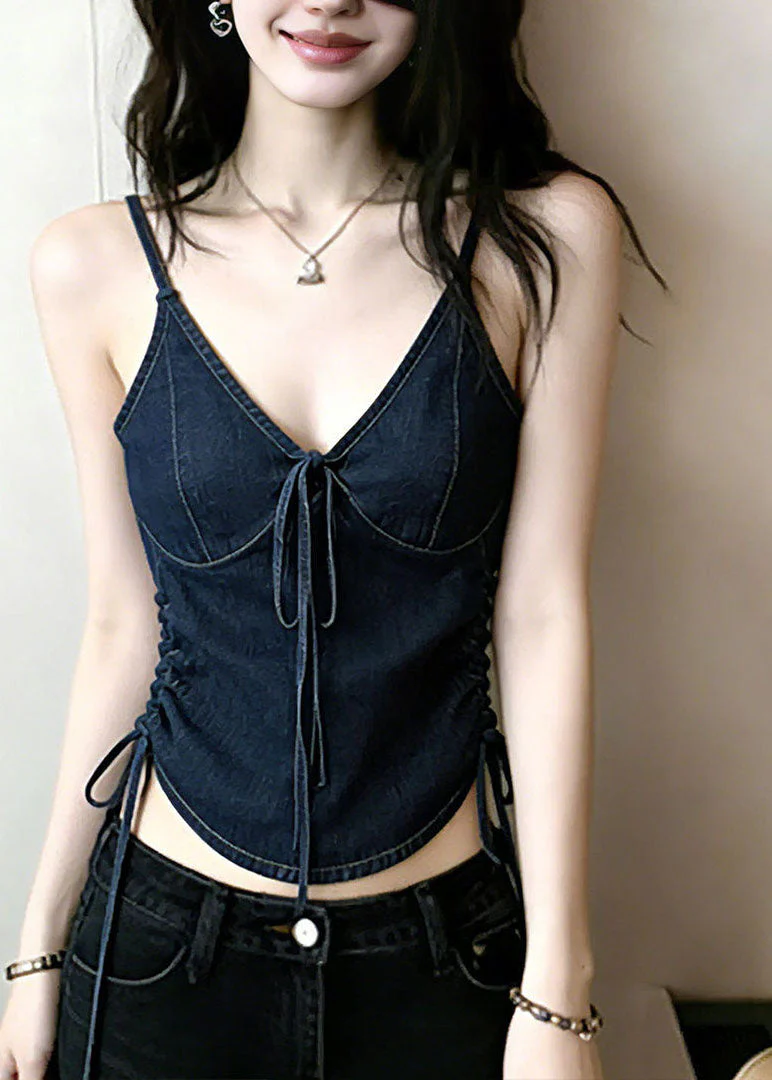 Stylish Navy V Neck Drawstring Denim Top Summer - Image 3