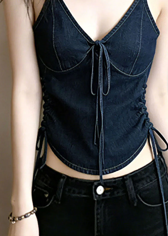 Stylish Navy V Neck Drawstring Denim Top Summer - Image 4