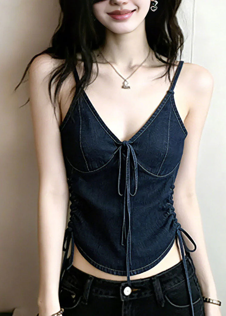 Stylish Navy V Neck Drawstring Denim Top Summer - Image 5