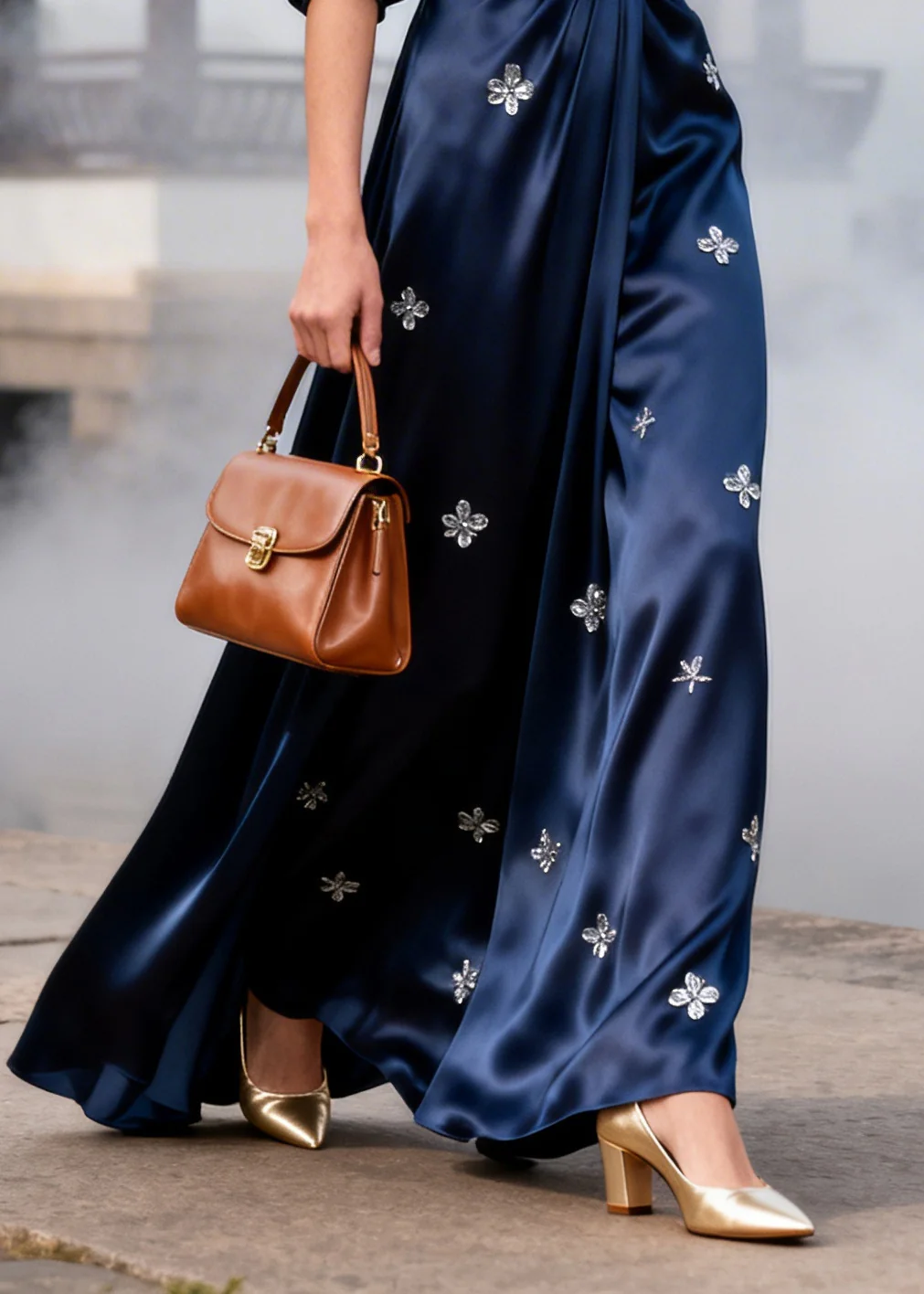 Stylish Navy Wrinkled Flower Print Silk Party Dresses Summer - Image 4