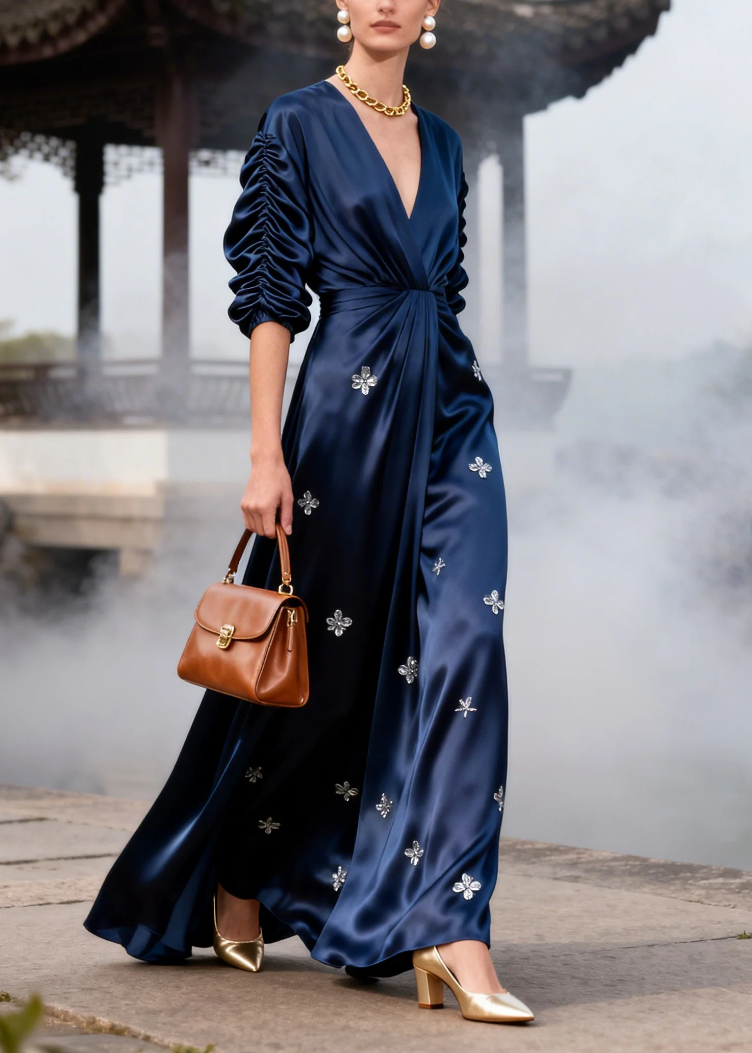 Stylish Navy Wrinkled Flower Print Silk Party Dresses Summer - Image 5