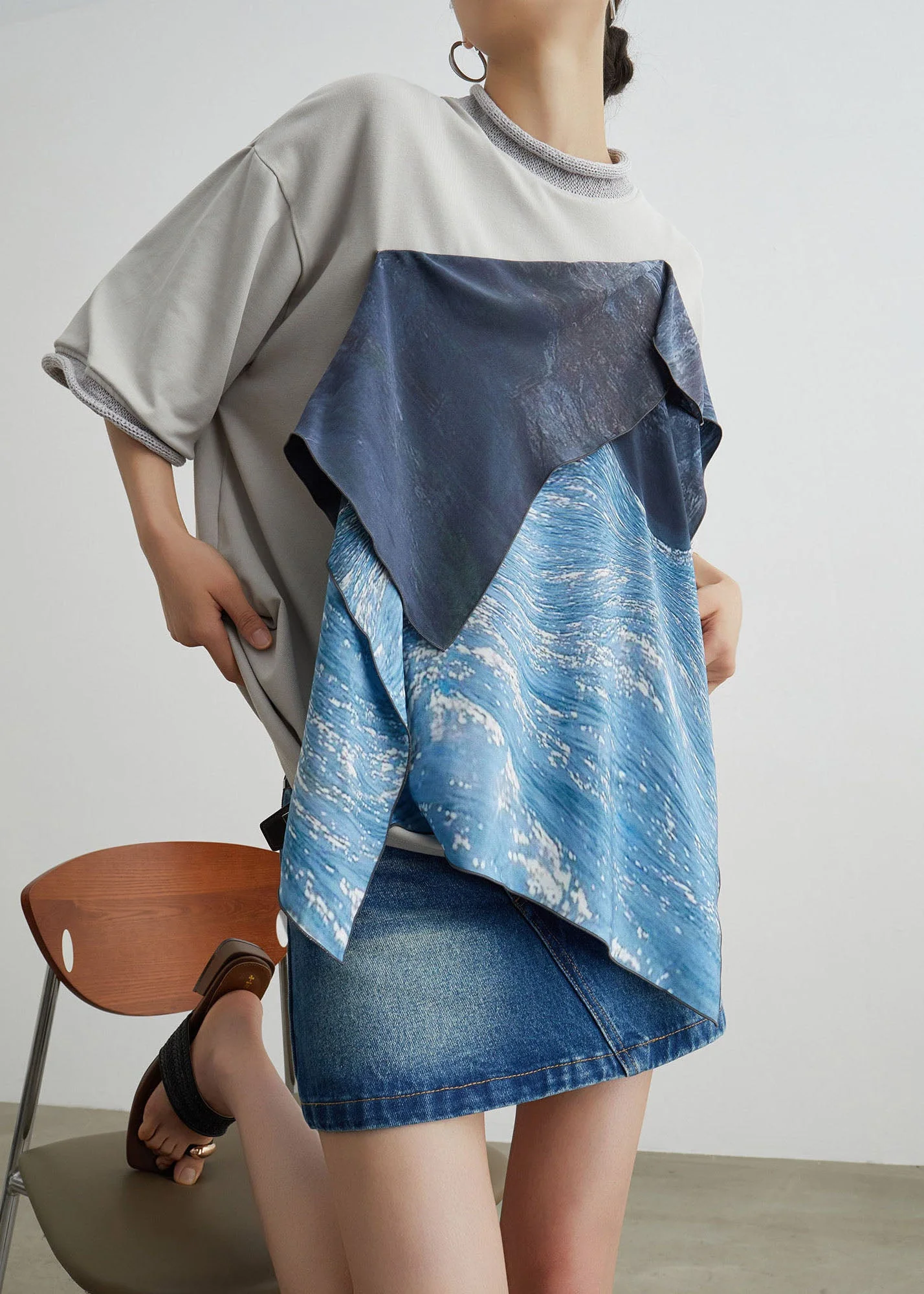 Stylish O-Neck Asymmetrical Patchwork Cotton T Shirt Summer