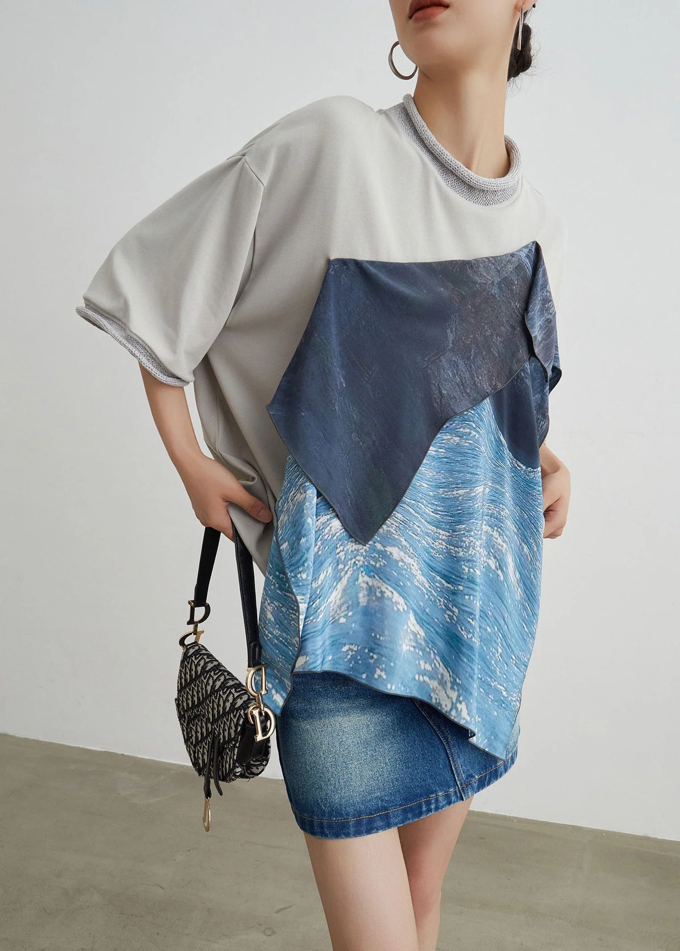 Stylish O-Neck Asymmetrical Patchwork Cotton T Shirt Summer - Image 2