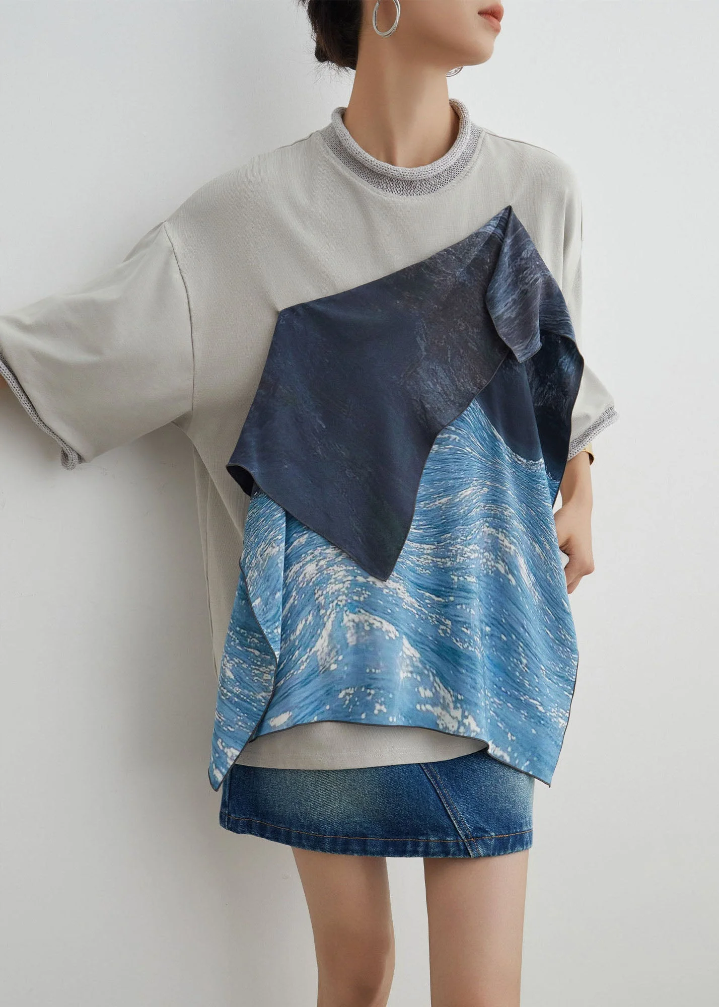 Stylish O-Neck Asymmetrical Patchwork Cotton T Shirt Summer - Image 3