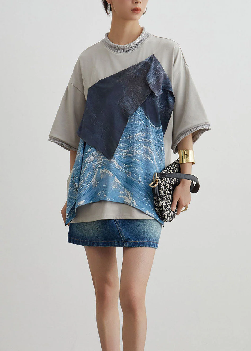 Stylish O-Neck Asymmetrical Patchwork Cotton T Shirt Summer - Image 4