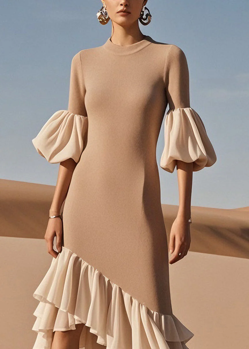 Stylish O Neck Ruffled Patchwork Knit Sweater Dress Spring - Image 2