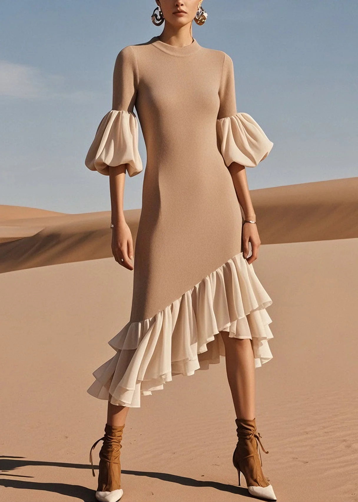 Stylish O Neck Ruffled Patchwork Knit Sweater Dress Spring - Image 3