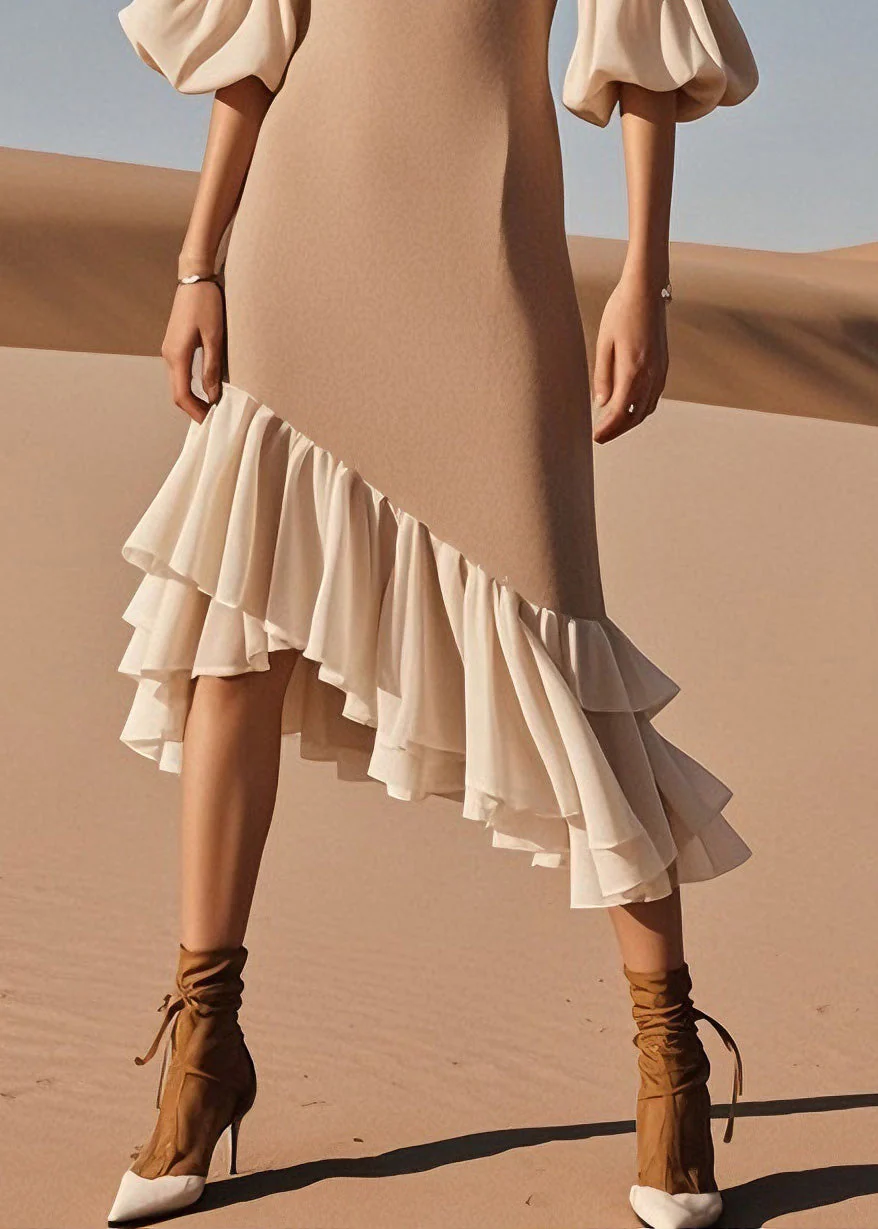 Stylish O Neck Ruffled Patchwork Knit Sweater Dress Spring - Image 4